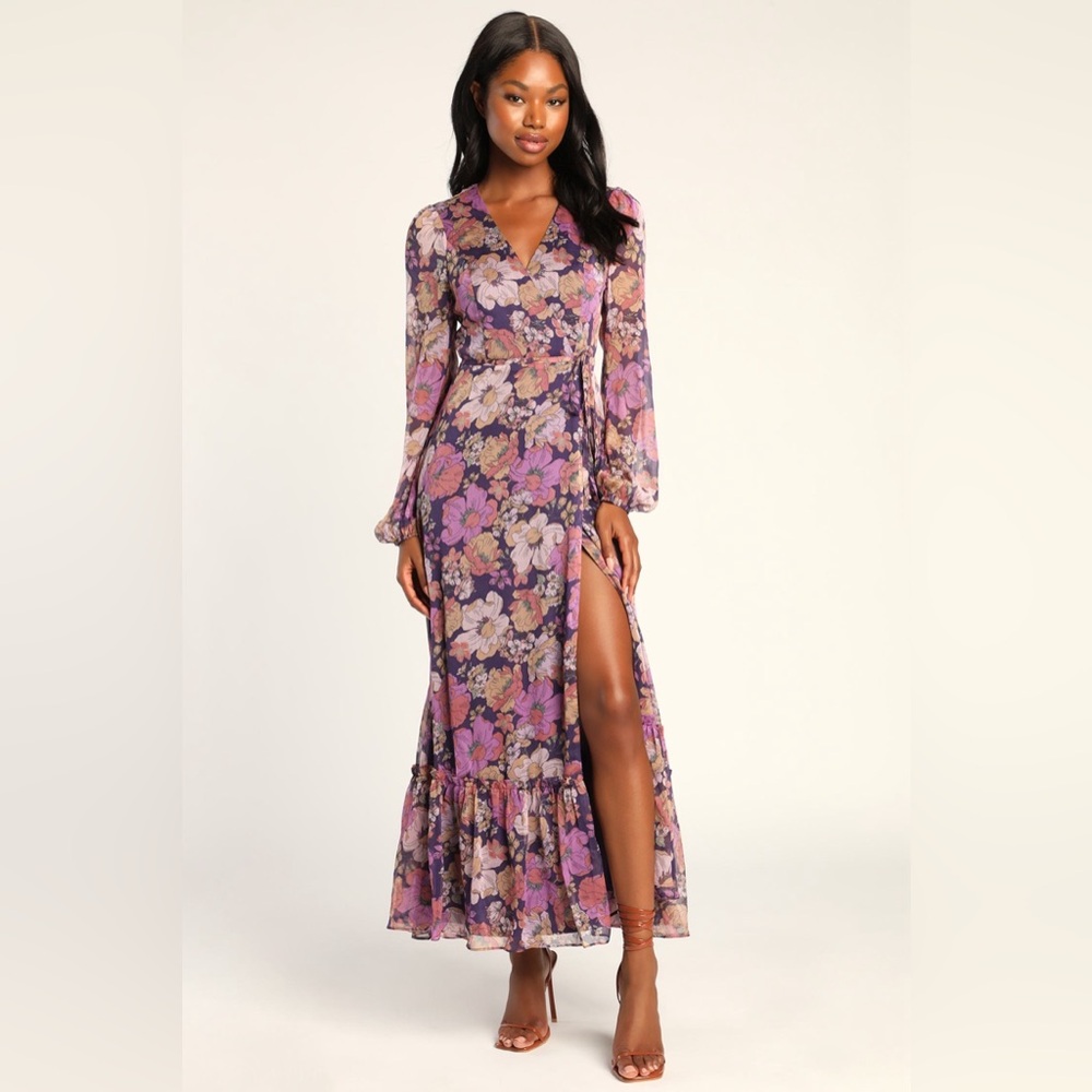 Lulu’s Feeling Sweet Purple Floral Print Long Sleeve Wrap Maxi Dress